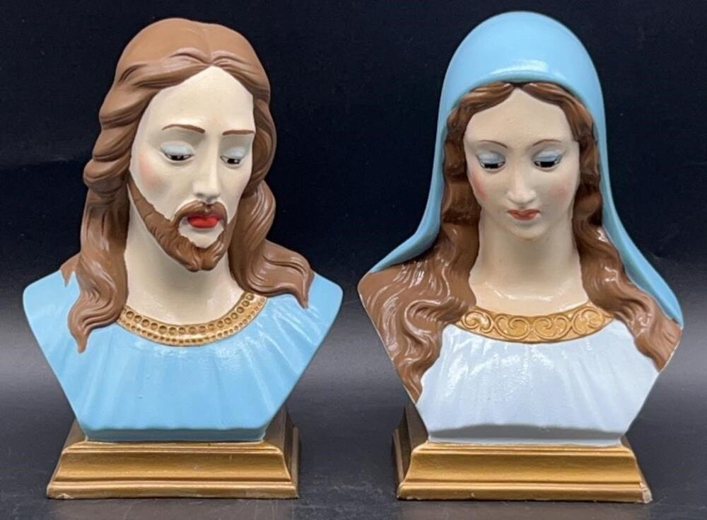 VTG Holland Mold Jesus & Mary Hand-Painted Ceramic Busts 5×3.75×7″